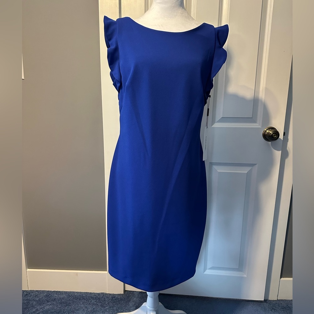 Calvin Klein Royal Blue Ruffle Sleeve Midi Dress